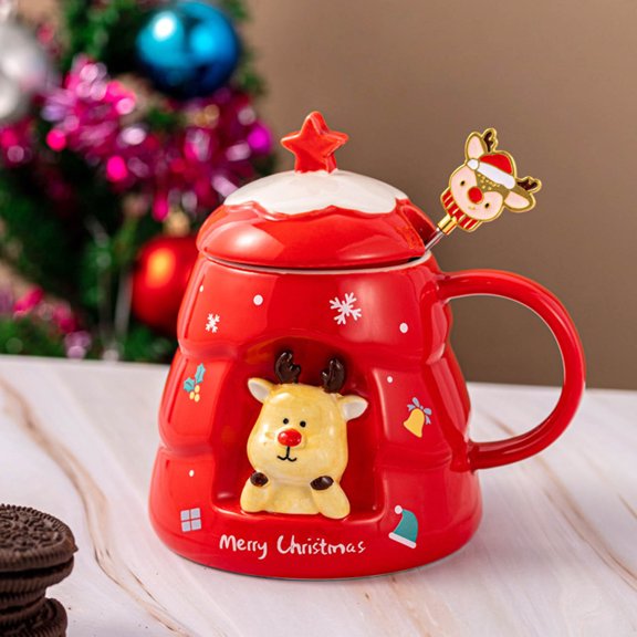 Taza navideña de cerámica con tapa y cuchara | Taza aislante para chocolate caliente, café o té | Taza para bebidas navideñas para el hogar, la cocina y la oficina.