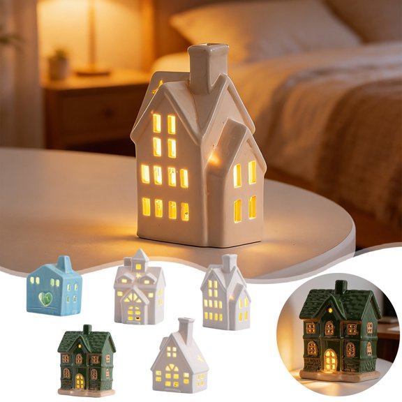 Casa de cerámica con luces LED, figura brillante para mesa, decoración de escena de pueblo, adorno navideño colorido y exquisito, funciona con pilas, 1 pieza.