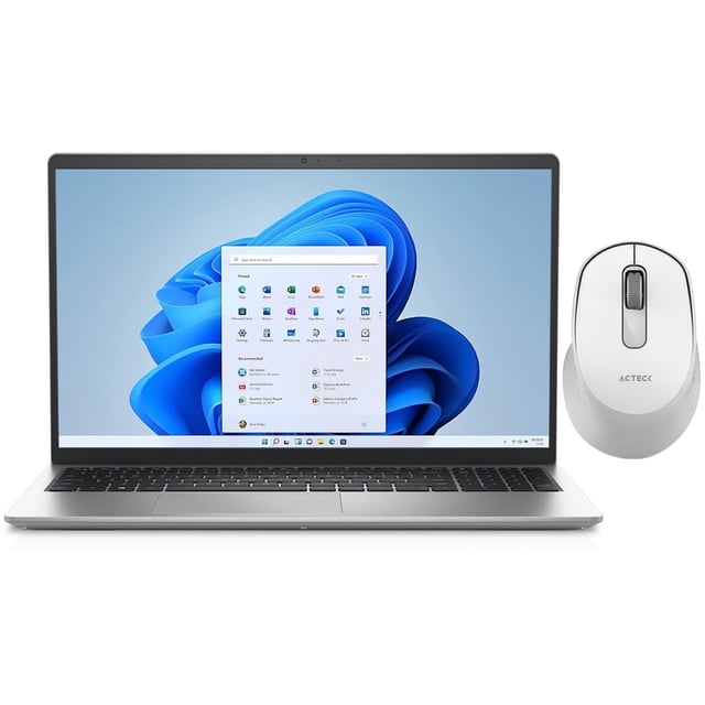 laptop dell inspiron 15 3535 amd ryzen 5 7520u ram 8gb 512gb ssd 15.6 windows 11 home + mouse dxt teclado en español — Vista frontal centrada de la portátil abierta con pantalla 15.6" Full HD mostrando Windows 11, chasis color declarado como "Otro", teclado con teclado numérico y distribución en español, panel táctil amplio; a la derecha mouse inalámbrico blanco incluido. Suele usarse para tareas escolares y trabajo móvil.