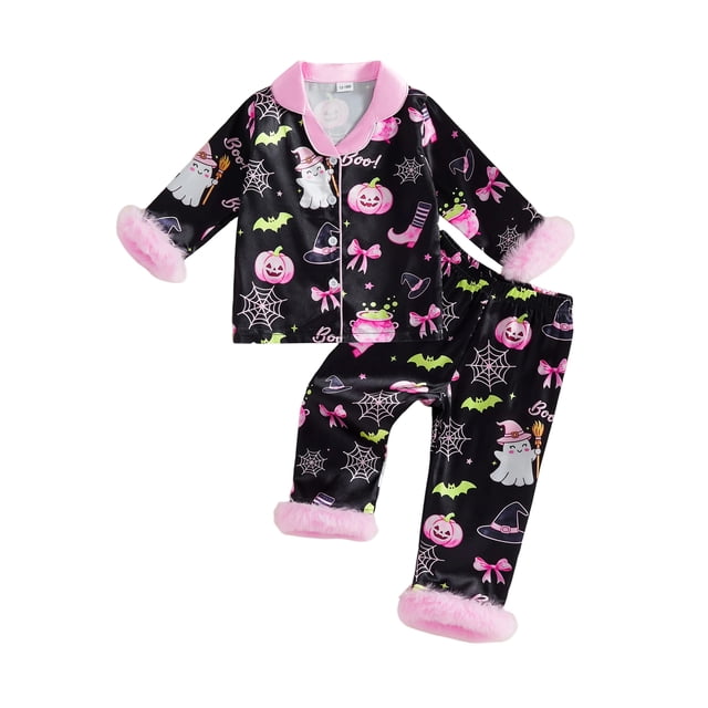 Pijama de Halloween para niñas, conjunto de dos piezas para bebés, camisa de manga larga con botones y pantalones elásticos.
