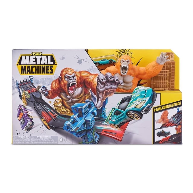 play set metal machines de vehícuos gorilla multicolor, pista de carreras de 4 carriles en caja frontal con gorila atacante naranja, dos trampas eyectoras a lo largo de la pista y varios vehículos de metal azul y verde en acción; diseño estilo juguete infantil con fondo urbano ilustrado, también apto para juegos de imaginación en interiores.