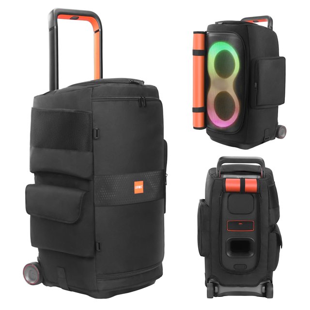 Funda para parlante lefor·z compatible con jbl partybox 520 funda protectora portátil negra con cremallera y solapas enrollables que dejan accesibles puertos y botones, bolsillos externos para micrófonos, cables y botellas, correa de fijación inferior y asa rígida con detalles naranja; tamaño 73 cm x 40.4 cm x 31 cm; ligera, plegable para viajes y también usada como bolsa de almacenamiento para accesorios de audio.