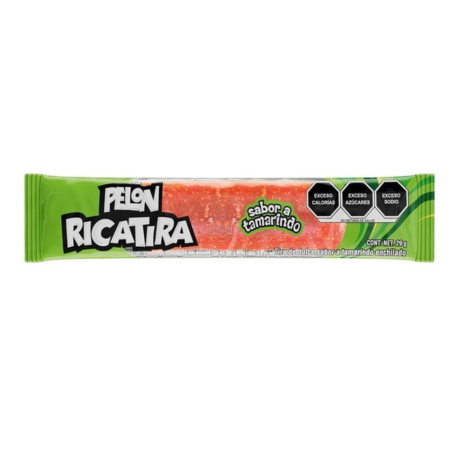 dulce enchilado pelon pelo rico ricatira sabor tamarindo 29 g paquete individual, vista frontal centrada de la tira roja con recubrimiento de chile en polvo; empaque verde con logotipo Pelon Ricatira, texto "sabor a tamarindo", advertencias nutricionales en hexágonos negros y peso neto 29 g.