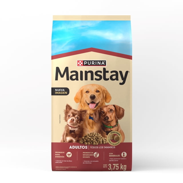 alimento para perro mainstays adulto 3.75 kg bolsa frontal Purina Mainstay, paquete beige y azul con tres perros (pequeño, mediano y grande), rótulo 'Adultos', croquetas visibles, sello que indica nutrición 100 % completa y balanceada y texto de 3.75 kg.
