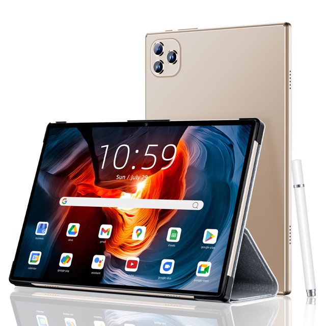 veat00l tablet, 10.1 pulgadas android 13 tablets, 6gb ram 64gb rom 128gb expand — Vista en horizontal de la tableta con pantalla táctil IPS HD 10.1" (1280x800) mostrando la pantalla de inicio Android; funda plegable con teclado como soporte y lápiz óptico a la derecha; carcasa trasera dorada con cámara doble y bordes rectos; procesador octa-core y 6GB RAM según ficha técnica; también suele usarse como dispositivo portátil para lectura y streaming.