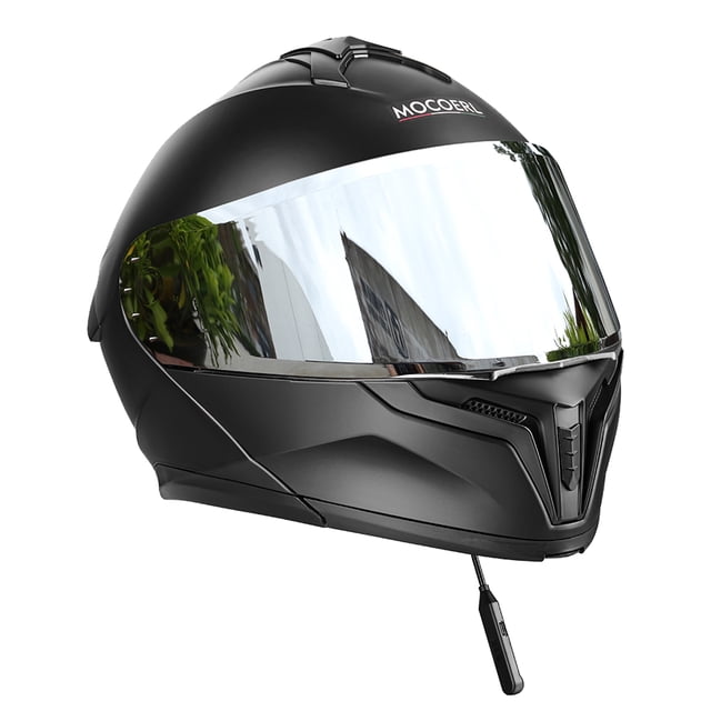 cascos moto abatible negro luz led bluetooth mica plata dot diseño monocolor tamaño del casco l casco modular abatible negro mate, vista 3/4 frontal, carcasa ABS aerodinámica, visera plateada reflectante con visera interna café, mentonera abatible, luz LED trasera visible y Bluetooth integrado con micrófono; talla L (59-60 cm), ideal para paseo diario y uso en ATV o motocross.