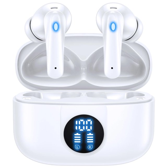 v5.4 auriculares bluetooth inalámbricos auriculares bluetooth 60 horas de batería con cancelación de ruido llamadas claras micrófono incorporado resistente al agua ipx7. Auriculares Veatool P91 blancos en estuche de carga abierto, vista frontal; audífonos TWS tipo vástago con LED azul en cada pieza, puntas intrauditivas y micrófonos visibles. Estuche compacto blanco con pantalla LED frontal que muestra porcentaje y niveles L/R y cavidades moldeadas para carga. Diseño ergonómico y emparejamiento automático; a menudo usados para llamadas manos libres y reproducción prolongada.