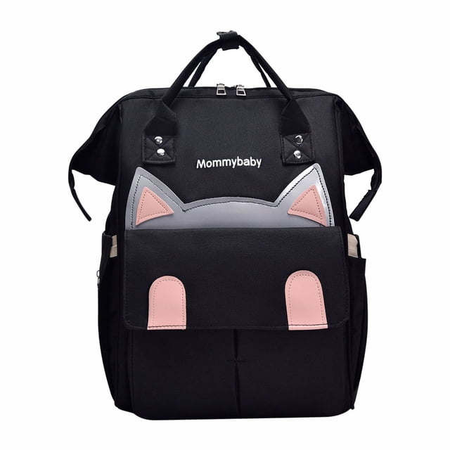 mochila pañalera multifuncional de gran capacidad con bolsillos aislados para biberones, bolsillo trasero antirrobo, nylon duradero, diseño de doble hombro para viajes y uso al aire libre, 40x25x16cm negra; vista frontal centrada que muestra asas superiores, correas dobles acolchadas, amplio compartimento principal con cremallera superior, bolsillo frontal con solapa y detalle tipo orejas en rosa y gris, bolsillos laterales y cierre trasero antirrobo; adecuada también como bolsa organizadora de viaje para artículos de mamá.