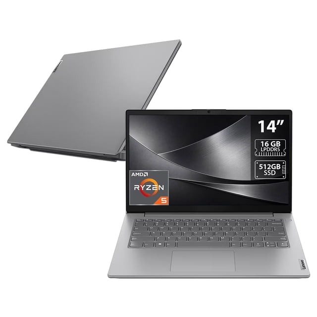 laptop lenovo v14 g4 amn: laptop gris plata 14" con procesador AMD Ryzen 5 7520U (hasta 4.3 GHz), pantalla LED 14" con bordes delgados, teclado en español y touchpad centrado; pantalla muestra 16 GB LPDDR5, 512 GB SSD, video Radeon 610M y S.O. Windows 11 Home. Suele usarse para trabajo de oficina y estudio móvil.