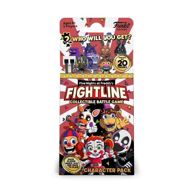 expansión del juego funko five nights at freddy's fightline Paquete de personajes coleccionables multicolor, vista frontal del empaque con ilustraciones de los personajes de Five Nights at Freddy's, logo FightLine y texto 'Who will you get?', indicado para 2 jugadores y edades 6+, diseñado para combinar con el Premier Pack y otros paquetes para mezclar y combinar personajes.