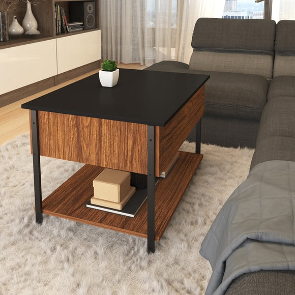 MESA EXTENSIBLE − BERNA  Mesa de Centro Elevable,  Mesa Auxiliar Estancia, Recámara y Oficina, Patas Metálicas, Tablero Laminado Texturizado  (NEGRO LISO )0