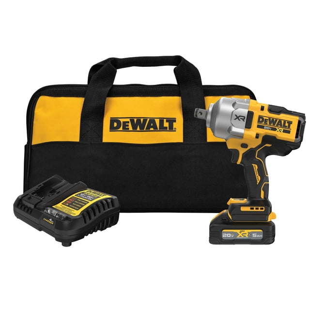 llave de impacto inalámbrica dewalt 20v max xr 3/4 con batería, vista frontal de la herramienta negro/amarillo con cabeza metálica plateada y batería POWERSTACK 20V XR montada en la base; incluye cargador y bolsa de transporte negra y amarilla con logo DEWALT, diseño para alto torque y ajustes de velocidad, adecuada para mecánicos y trabajo en taller.