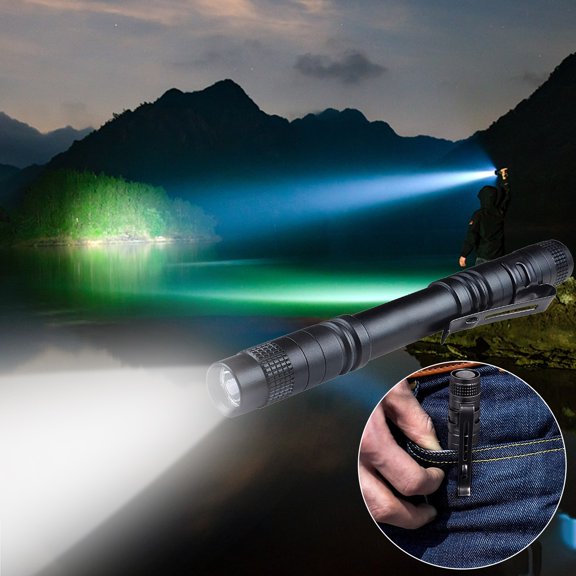 pstuiky Mini linterna con forma de bolígrafo, funciona con pilas AAA, luz LED morada, clip de aleación de aluminio