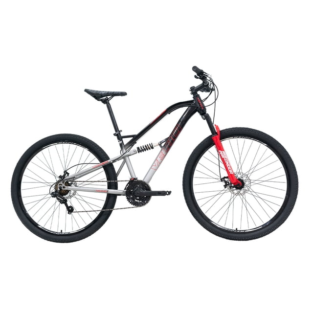 bicicleta veloci naukas pro fd rodado 26 plata de montaña Bicicleta MTB rodado 26 con cuadro en acero Beta High Performance y suspensión trasera, horquilla de suspensión delantera, transmisión triple 24x34x42T con desviador trasero 7 velocidades y palancas gatillo 21 velocidades, frenos a disco Ø160/Ø140mm, rines aluminio R26x36 y asiento adulto; vista lateral sobre fondo blanco, adecuada para recorridos recreativos.