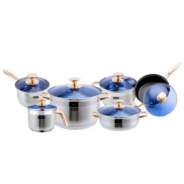 batería de cocina 12 pz acero inoxidable inducción ciconia fraciel Conjunto de 12 piezas: ollas y sartenes de acero inoxidable con acabado espejo, tapas de vidrio azul templado, asas y pomos dorados, fondo de 3 capas para mejor conducción de calor, apto para inducción y horno; interior de color oscuro, ideal también para preparar porciones para refrigerar.