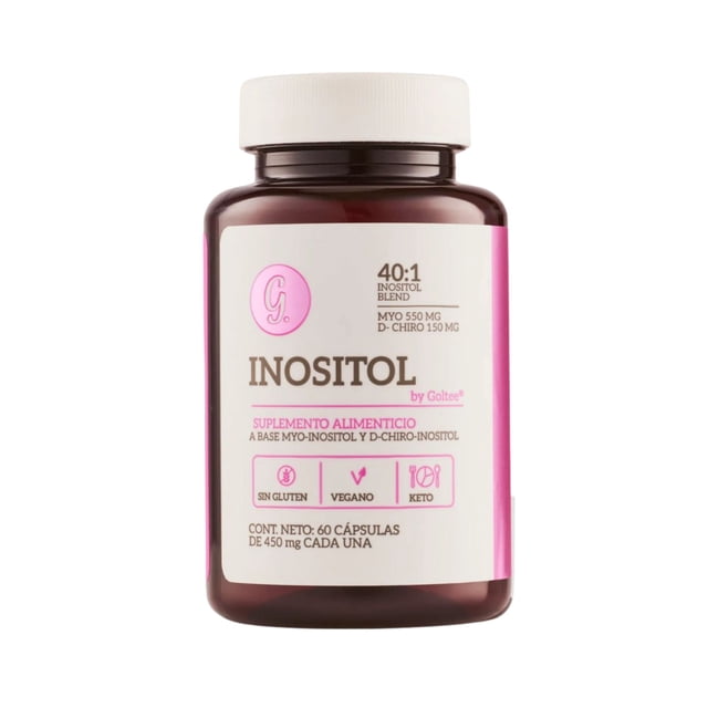 inositol fórmula balanceada 40:1, myo-inositol y d-chiro-inositol, 60 cápsulas | goltee Frasco frontal centrado de plástico oscuro con etiqueta blanca y acentos rosa que muestra "Inositol" y la proporción 40:1; indica Myo‑Inositol 550 mg y D‑Chiro‑Inositol 150 mg por porción (2 cápsulas), contenido 60 cápsulas, tapa blanca e íconos sin gluten, vegano y keto. Suplemento alimenticio.