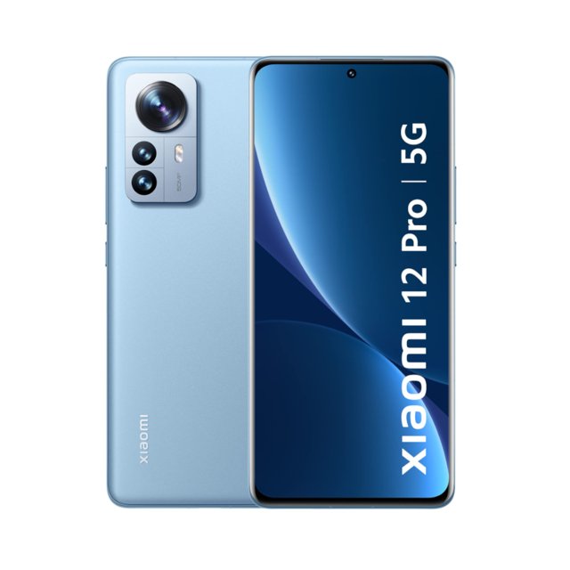 xiaomi 12 pro 5g 12gb 256gb color azul xiaomi 12 pro vista frontal y trasera, teléfono azul con pantalla de borde delgado y cámara selfie 32MP en perforación central; dorso con módulo rectangular que aloja tres lentes 50MP (wide, ultrawide, telefoto) y flash, lector de huellas bajo pantalla y logo Xiaomi; batería 4600 mAh, parlantes stereo Harman Kardon y carga rápida 120W; adecuado para fotografía móvil y consumo multimedia.