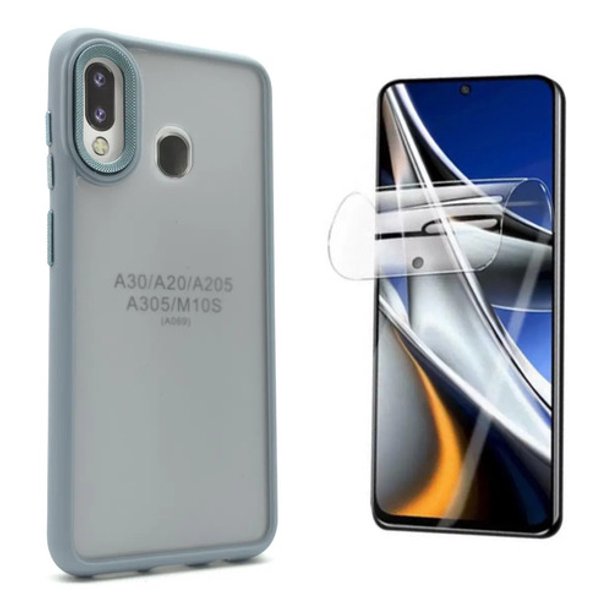 Funda + Mica Icon Case Electro Mate para Samsung A20, Carcasa, Protector, Uso Rudo, Protector de Pantalla, Antigolpes, Esquinas Reforzadas, Protección de Cámara - Azul sierra