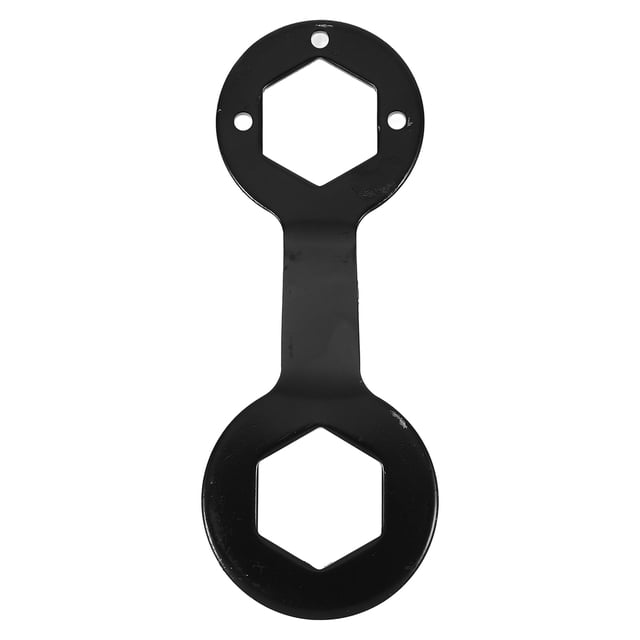 llave de embrague para lavadora, llave de 36mm y 38mm, llave inglesa para lavadora automática negra de metal, vista frontal plana con dos bocas hexagonales para 36 y 38 mm, forma alargada tipo 8 con tres orificios en la boca superior y acabado pintado; adecuada también para apretar tuercas de ejes y poleas en mantenimiento de lavadoras.
