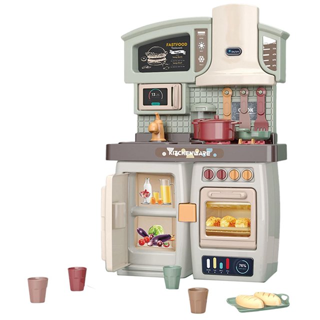 juego de cocina de simulación educativo con música y luces para niños sunnimix verde — cocina de juguete frontal y centrada; unidad compacta verde con encimera, fregadero y grifo, campana extractora, microondas superior, horno con puerta transparente y nevera con estantes visibles; incluye ollas, alimentos de juguete y cuatro vasitos, panel con botones y luces simuladas; adecuada para juegos de rol y para practicar coordinación mano-ojo y motricidad fina.