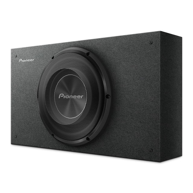 subwoofer pioneer ts-a2500lb 10» 300 w con carcasa sellada Subwoofer para auto de 10" en caja sellada, vista 3/4 frontal con cono IMPP reforzado y rejilla metálica, carcasa poco profunda forrada en gris y logo Pioneer visible; suitable para instalar en camionetas y espacios compactos.