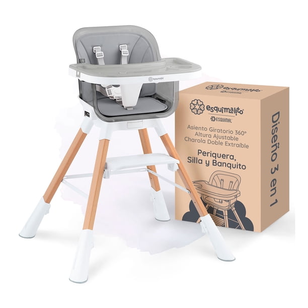 Periquera para Bebé 3 en 1 Esquimal - Silla Alta para Comer, Banquito Altura Ajustable (Gris)