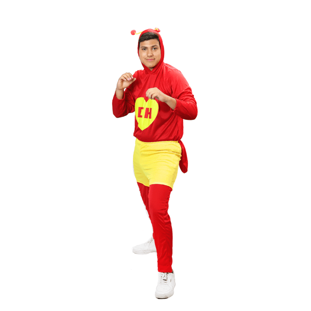 disfraz de chapulín colorado adulto hombre talla chica, vista frontal con sudadera roja con capucha y antenas, emblema amarillo con "CH" en el pecho, shorts amarillos sobre malla roja, cola corta y tenis blancos en fondo blanco, para Halloween y fiestas de temporada.