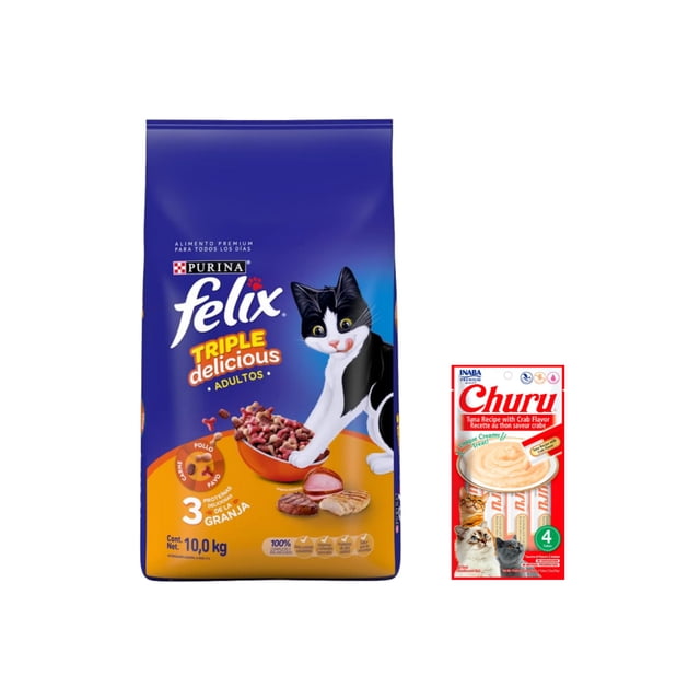 felix triple delicious granja 10 kg + churu atún con cangrejo sobre con 4 tubos de 14 g Bolsa frontal del alimento seco Félix Triple Delicious Granja 10 kg, vista frontal, empaque azul y naranja con ilustración de un gato negro y blanco y croquetas en un tazón; a la derecha, caja de Churu atún con cangrejo con 4 tubos visibles. Destacado en piel sana, pelaje brillante y mantenimiento muscular; también suele usarse para complementar porciones de comida húmeda.