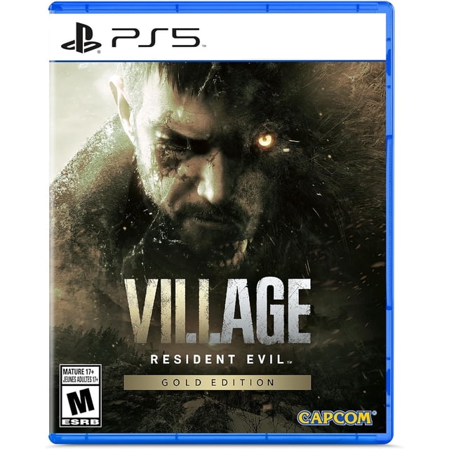 resident evil village gold edition para playstation 5 portada para PS5 con el título 'VILLAGE' en letras grandes sobre un paisaje oscuro y agreste, banda dorada con 'Gold Edition', logotipo Capcom en la esquina inferior derecha y sello ESRB Mature 17+.