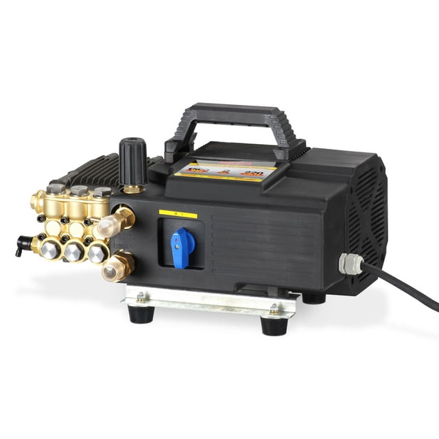 hidrolavadora mikels de alta presión eléctrica 2 hp color negro vista frontal en plano medio del cuerpo rectangular negro con asa superior; cabezal de latón con cuatro salidas y perillas, selector azul lateral, depósito de espuma visible en la parte superior y cable de alimentación a la derecha, montada sobre base metálica con patas antivibración; también suele usarse para limpiar herramientas y equipos de jardinería.