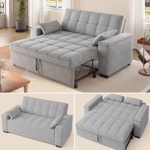 Sofá Cama Futón Convertible 3 en 1 de Lino, Sofá Cama Tamaño Queen con Sofá Extraíble, Reposabrazos con Espacio de Almacenamiento y Respaldo Ajustable para Sala de Estar, Gris claro