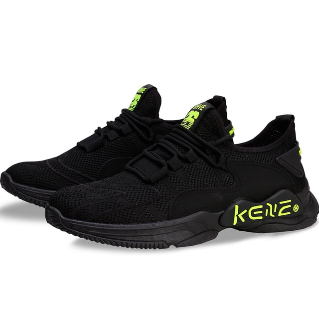 tenis hombre, zapatos hombre deportivos, zapatos de malla transpirable para hombre, zapatillas de deporte casuales de moda para entrenamiento caminar correr gimnasio con suela antiderrapante — tenis negros Shendy Vendy en vista 3/4 frontal con tejido de malla transpirable, cordones planos y lengüeta con etiqueta verde, suela negra antideslizante con dibujo de tracción y detalle verde en el costado; diseño liviano y apropiado para entrenamiento, caminar o viajes cortos.