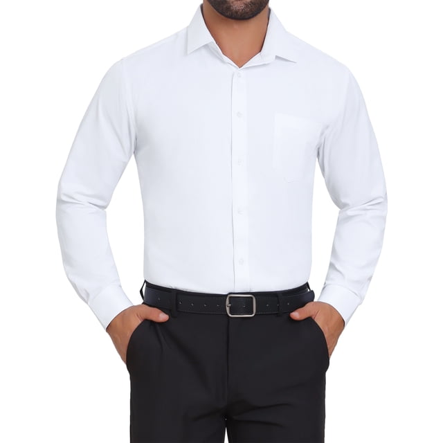 camisa de vestir de patrón de negocios de manga larga con botones para hombres inspire chic m blanca White long-sleeve dress shirt with point collar, front chest pocket and full button placket, tailored-but-comfortable fit shown tucked into black dress pants; machine-washable and suitable for business or formal meetings; model wears size L.