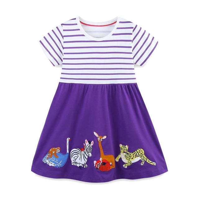 vestido de princesa con estampado animal para niña redarer, manga corta, estilo veraniego, bordado a rayas — talla 3-4 años; cuerpo superior blanco con rayas moradas, falda morada con bordados de animales en el borde, cuello redondo y mangas cortas, algodón transpirable, apto para uso diario y fotografía infantil.