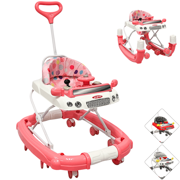 Andadera para Bebé Mecedora Luz y Sonido Diseño de Carrito Bastón Dirigible Alturas Ajustables Plegable Ruedas de Goma - Rosa