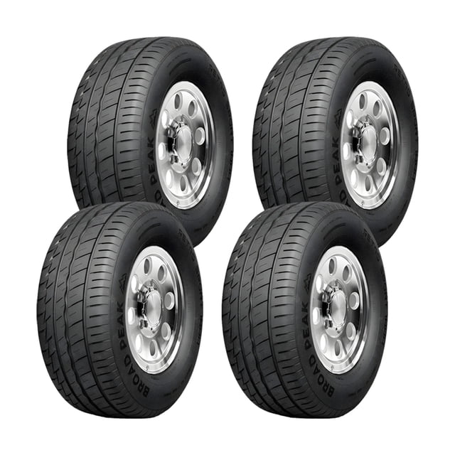 paquete de 4 llantas 295/50 R15 Broadpeak Retro Sport 1000 108T, vista frontal centrada de cuatro llantas negras en rines plateados; banda de rodamiento simétrica con ranuras longitudinales y bloques anchos, marca Broadpeak legible en el flanco; aptas para autos de pasajeros en carretera y a menudo usadas como reemplazo en restauraciones de autos clásicos.
