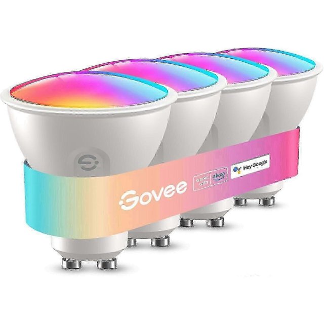 smart bulb gu10 rgbww, 400lm dimmable color changing bulb, wifi bluetooth works with alexa, google assistant (4pcs) Paquete de cuatro focos GU10 en vista 3/4, cuerpo blanco con base bayoneta GU10 y parte superior iluminada en degradado de colores; indica 400 lm, cambio RGB y blanco cálido-frío, control Wi‑Fi/Bluetooth compatible con Alexa y Google Assistant, sincronía con música y modos preconfigurados; también aptos para crear escenas de acento en estantes o repisas.