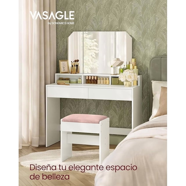 VASAGLETocador con Espejo Plegable, Mesa de Maquillaje, Estilo Moderno, con 2 Cajones y 3 Compartimentos, Montaje Sencillo, Blanco