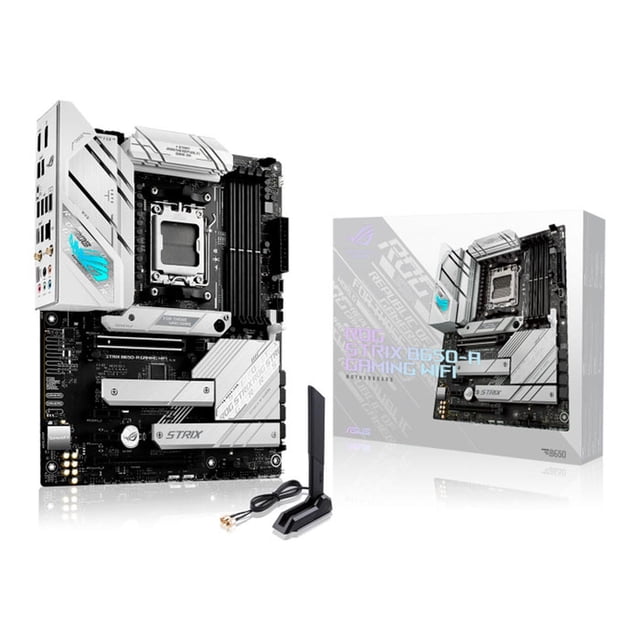 tarjeta madre asus rog strix b650-a gaming wifi 6e usb c lga am5 ddr5 atx vista 3/4 frontal con zócalo AM5, 4 ranuras DIMM DDR5, ranuras PCIe y disipadores; placa base negra con acentos claros, antena WiFi externa y caja del producto; diseñada para procesadores AMD Ryzen serie 7000, soporte hasta 128 GB y Ethernet 2.5Gb, a menudo usada en estaciones de trabajo para creación de contenido.