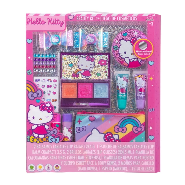 kit de belleza hello kitty para niñas con brillo labial, bolsa con cierre y espejo, regalo original y divertido - makeupería. Set en estuche PVC rosa con purpurina que muestra 2 bálsamos, 2 brillos labiales, paleta de 3 tonos con brocha, 2 clips tipo lazo, planilla de gemas y stickers, espejo redondo decorado y estuche pequeño con diseño Hello Kitty; maquillaje infantil ideal para niñas desde 3 años.