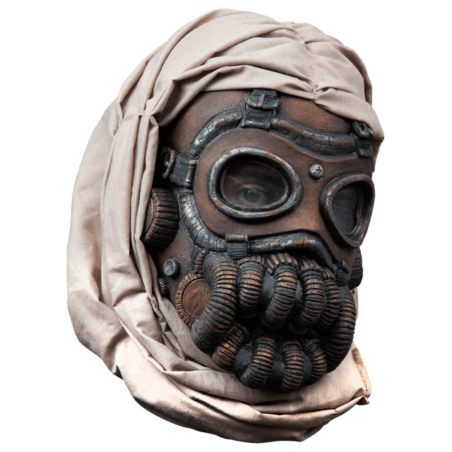 máscara d gas desert raider apocalipsis disfraz cosplay hall Marrón Ghoulish, vista frontal de cabeza completa en látex con turbante marrón claro envuelto; tubos y filtros oscuros texturizados en la zona de la boca y mandíbula visibles; talla unitalla, ideal para disfraz motociclista apocalíptico en Halloween.