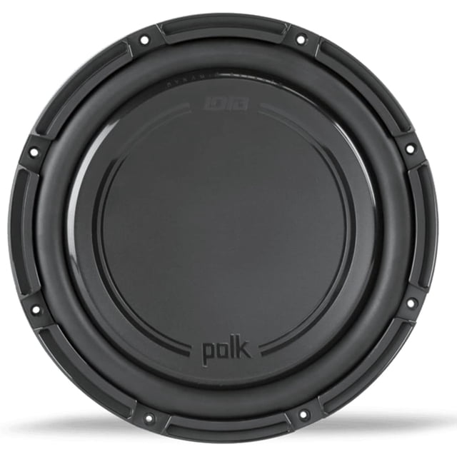 subwoofer para carro polk audio db1242dvc 12 frontal centrada, subwoofer Polk Audio negro de 12" con cono de polipropileno resistente a rayos UV, borde Santopreno impermeable y anillo de montaje con ocho orificios; perfil bajo de 11 cm de profundidad, certificación marina IP56, apto para coche, barco o ATV y manejo RMS 370 W.