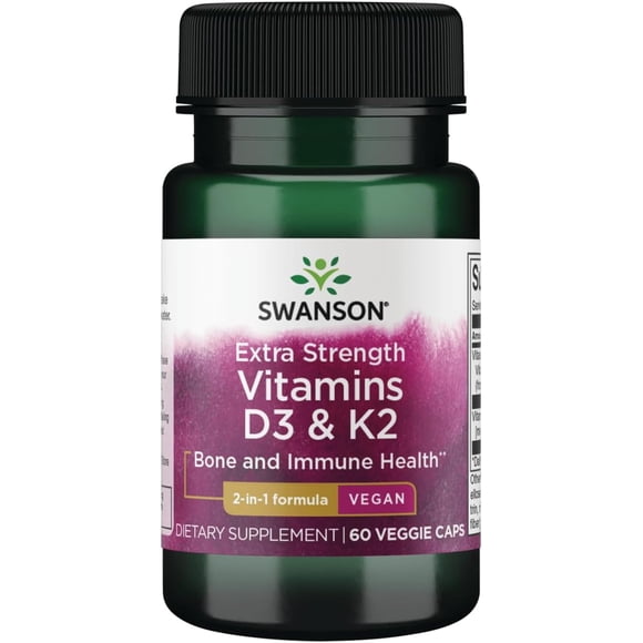 Swanson Suplemento Alimenticio de Vitaminas D3 y K2 en Cápsulas Vegetales, 60 Unidades