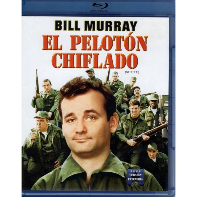 el peloton chiflado stripes bill murray pelicula blu-ray sony blu-ray Carátula frontal de Blu-ray con el título grande en rojo "EL PELOTÓN CHIFLADO" y el nombre "BILL MURRAY" arriba; primer plano de un recluta con uniforme verde frente a un grupo de soldados que sostienen fusiles, borde superior azul del estuche y sello de "versión extendida" en la esquina inferior derecha; comedia militar de 107 minutos con audio y subtítulos en inglés y español.