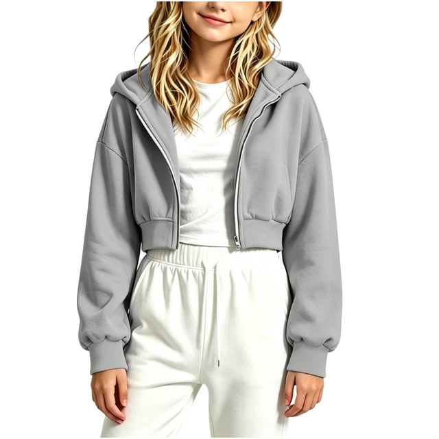 Sudadera con capucha y cremallera de manga larga de color liso para niñas, estilo casual y holgado, ideal para invierno, tallas 120-170.