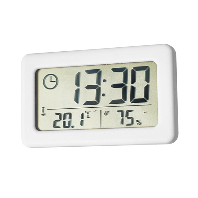 reloj de pared digital sunnimix reloj de pared digital blanco, vista frontal con pantalla LCD rectangular que muestra 13:30 (24H) en dígitos grandes, indicador de alarma, lectura de temperatura 20.1°C y humedad 75%, carcasa ABS compacta y opciones para colgar o apoyo vertical, ideal para sala, oficina o escuela.
