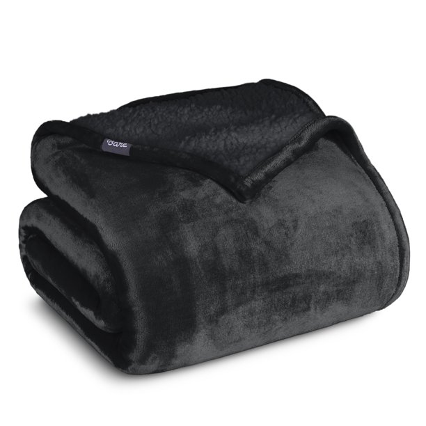 Bare Home Manta de Cama de Felpa Sherpa Mullida y Suave, Reversible, Liviana, Tamaño Twin/Twin XL, Negra con Sherpa Negra