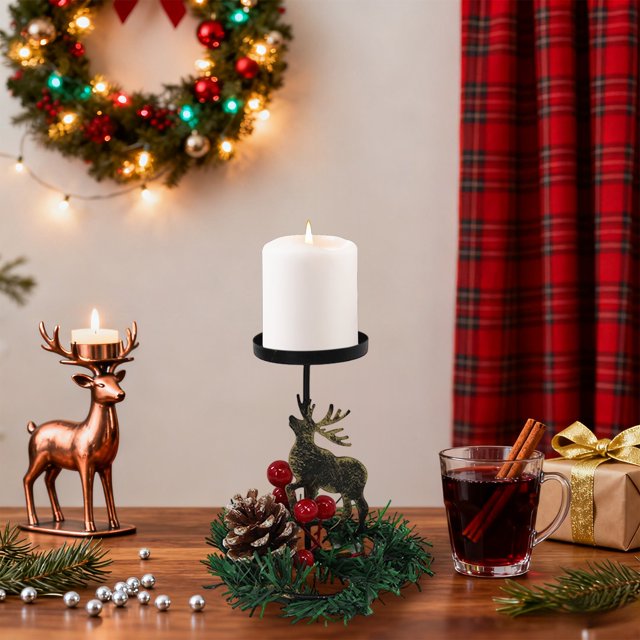 Candelabro navideño de metal bronce con diseño de reno y corazón | Centro de mesa navideño con corona y frutos rojos | Portavelas de hierro