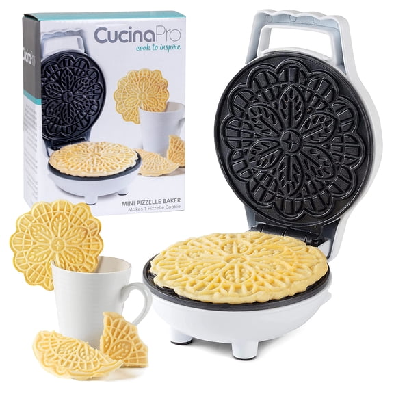 CucinaPro Mini Máquina Eléctrica para Hacer Pizzelles, Hace 1 Waffle Italiano Tradicional Personal de Tamaño Pequeño de 4 Pulgadas en Minutos, Prensa de Hierro Antiadherente con Receta, Galleta de Pos