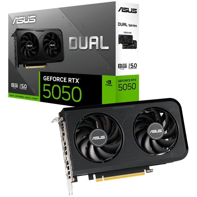 tarjeta de video asus dual nvidia geforce rtx 5050 8gb gddr6 tarjeta gráfica negra de 2 ranuras con doble ventilador frontal, placa trasera ventilada y conector PCIe 5.0 visible; caja ASUS GeForce RTX 5050 al fondo; también adecuada para estaciones de juego compactas.